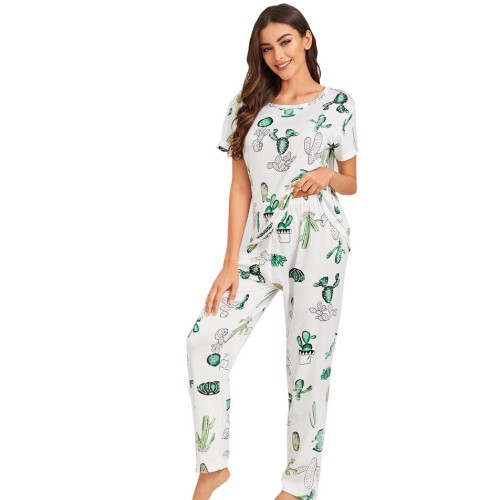 Pijama dama, model cactus, verde/alb, L...