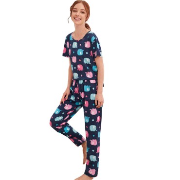 Pijama dama, model Elefanti, albastru/roz, L