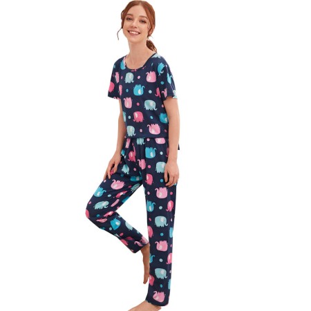 Pijama dama, model Elefanti, albastru/roz, S