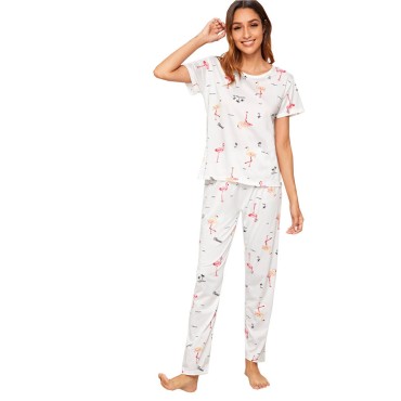 Pijama dama, model Flamingo, alb/roz, L