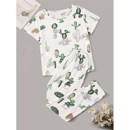 Pijama dama, model cactus, verde/alb, L