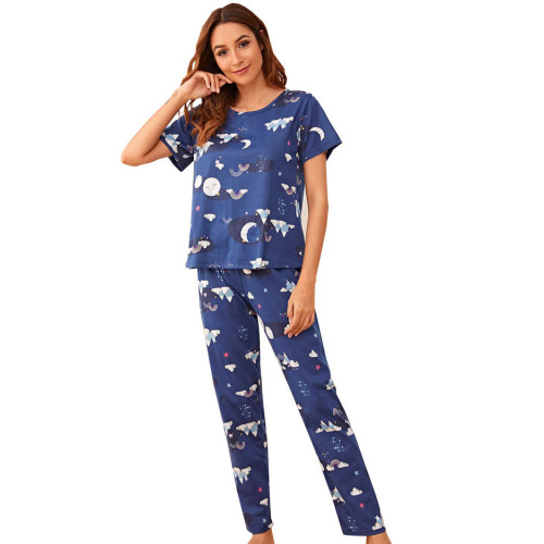 Pijama dama, model Curcubeu, albastru/alb, M...