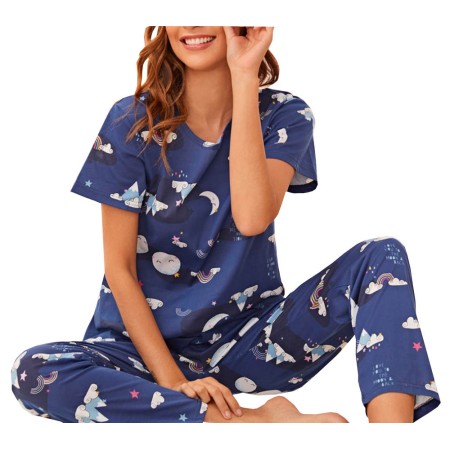 Pijama dama, model Curcubeu, albastru/alb, S