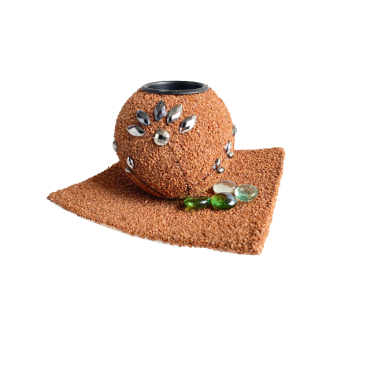 Suport lumanari, pietricele si tava inclusa, maro antichizat, 15x15 cm