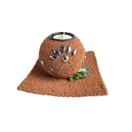 Suport lumanari, pietricele si tava inclusa, maro antichizat, 15x15 cm