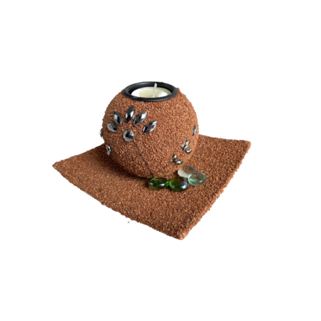 Suport lumanari, pietricele si tava inclusa, maro antichizat, 15x15 cm