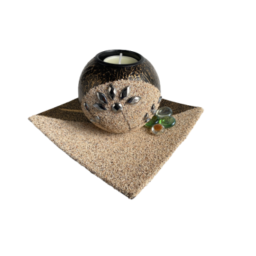 Suport lumanari, pietricele si tava inclusa, negru antichizat, 15x15 cm