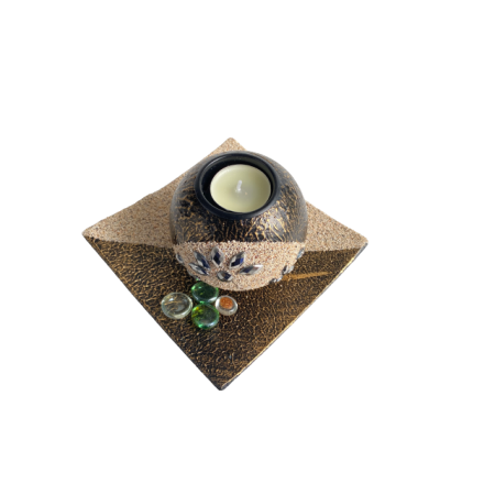 Suport lumanari, pietricele si tava inclusa, negru antichizat, 15x15 cm