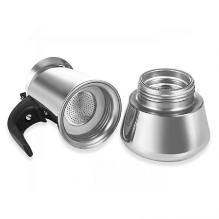 Espressor de cafea pentru aragaz cu o cana si suport lemn, inox, 300ml