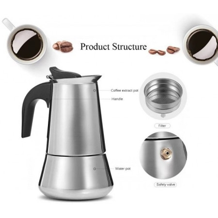 Espressor de cafea pentru aragaz cu 2 cani si suport lemn, inox, 600ml