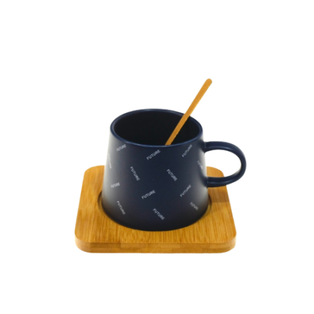 Cana din ceramica cu farfurie de lemn si lingurita, 220ml, albastru
