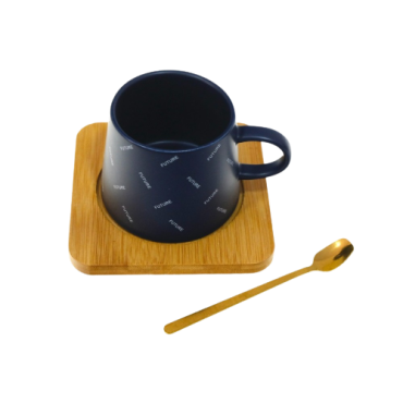 Cana din ceramica cu farfurie de lemn si lingurita, 220ml, albastru