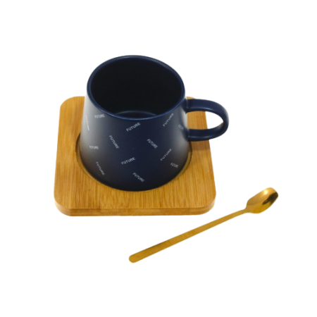 Cana din ceramica cu farfurie de lemn si lingurita, 220ml, albastru