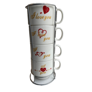 Set 4 cesti de cafea cu suport de metal, love, 150ml