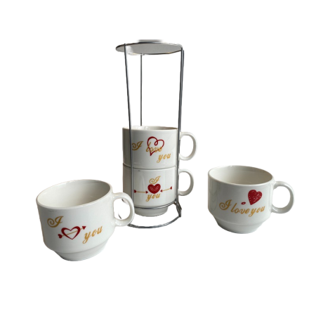 Set 4 cesti de cafea cu suport de metal, love, 150ml