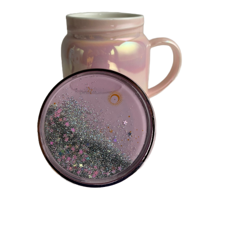 Cana din ceramica cu capac, 360ml, Roz