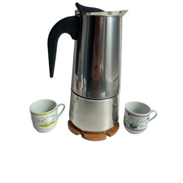 Espressor de cafea inox pentru aragaz cu 2 cani si suport lemn, 450ml