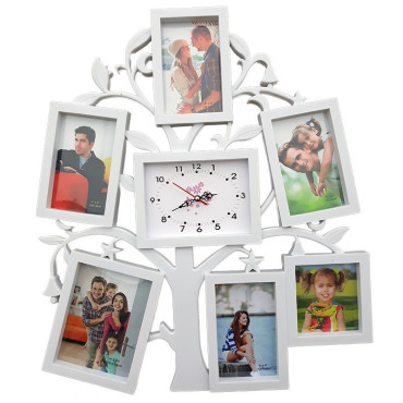 Rama foto, perete, 6 poze si ceas, alb, 47x54 cm