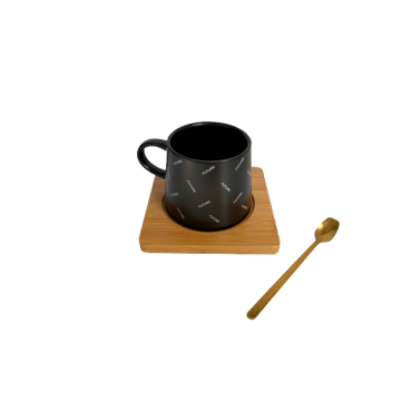 Cana din ceramica cu farfurie de lemn si lingurita, 220ml, negru