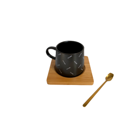 Cana din ceramica cu farfurie de lemn si lingurita, 220ml, negru