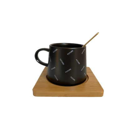 Cana din ceramica cu farfurie de lemn si lingurita, 220ml, negru