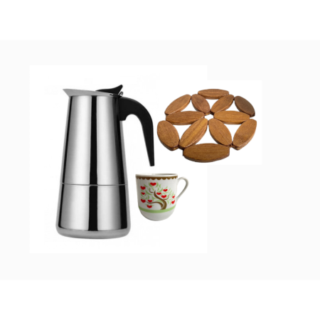 Espressor de cafea pentru aragaz cu o cana si suport lemn, inox, 300ml
