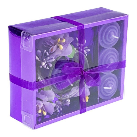 Set 4 lumanari cu vas si flori, forma cadou, mov, 12x15 cm