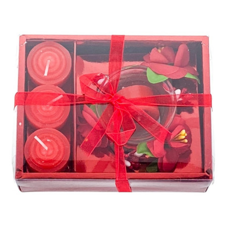 Set 4 lumanari cu vas si flori, forma cadou, rosu, 12x15 cm