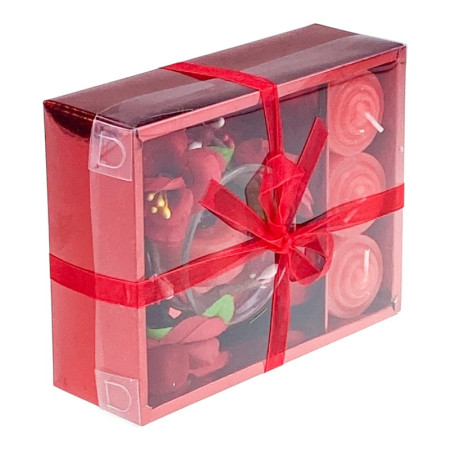 Set 4 lumanari cu vas si flori, forma cadou, rosu, 12x15 cm
