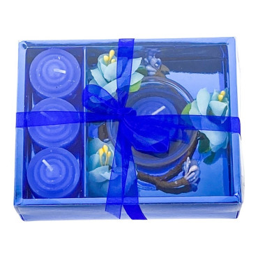 Set 4 lumanari cu vas si flori, forma cadou, albastru, 12x15 cm