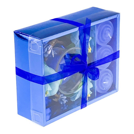 Set 4 lumanari cu vas si flori, forma cadou, albastru, 12x15 cm