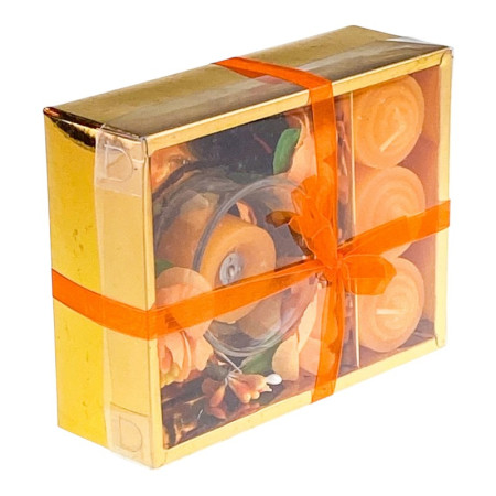 Set 4 lumanari cu vas si flori, forma cadou, portocaliu, 12x15 cm