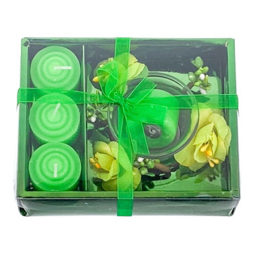 Set 4 lumanari cu vas si flori, forma cadou, verde, 12x15 cm
