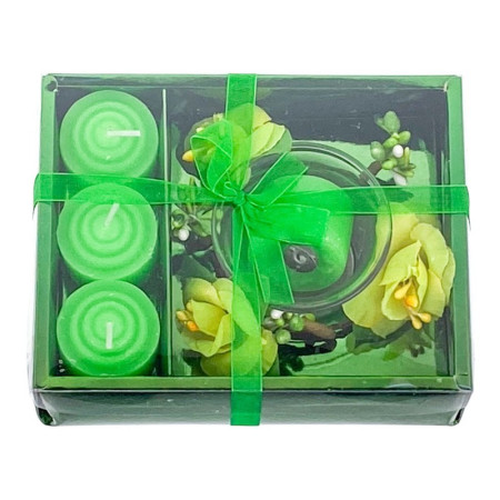 Set 4 lumanari cu vas si flori, forma cadou, verde, 12x15 cm