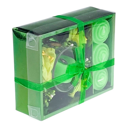 Set 4 lumanari cu vas si flori, forma cadou, verde, 12x15 cm