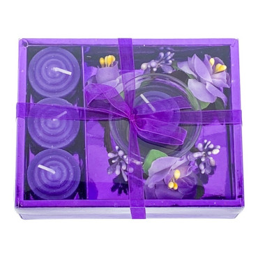 Set 4 lumanari cu vas si flori, forma cadou, mov, 12x15 cm