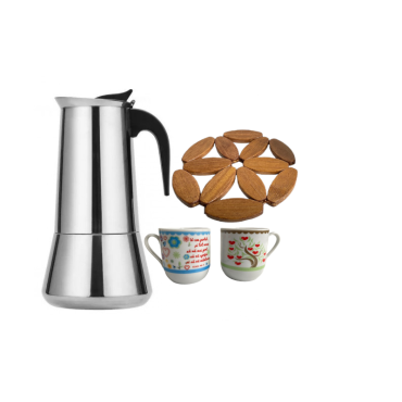 Espressor de cafea pentru aragaz cu 2 cani si suport lemn, inox, 600ml