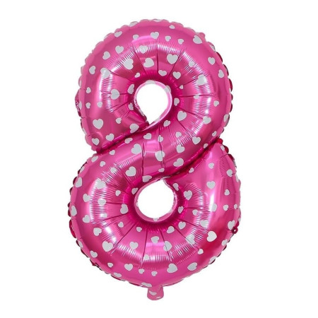 Balon din Folie Metalizata Cyrax, Figurina Cifra, Imprimeu Inimi, Tema Aniversare 80 cm, Ambalaj Individual, Pai inclus, Umflare cu Aer sau Heliu, Roz, Cifra 8
