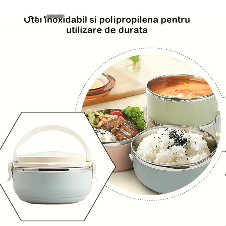 Caserola pentru alimente Cyrax, lunch box, 700 ml, otel inoxidabil, maner, valva aerisire, inchidere etansa, 15 x 8.5 cm, albastru