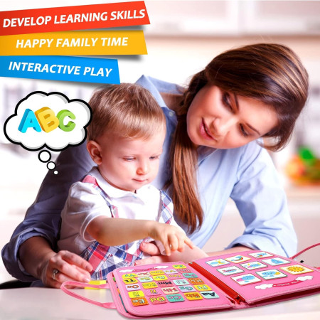 Carte Senzoriala Educativa Montessori 7in1, Cyrax, 26 de Activitati, Dezvoltare Abilitati Motorii, 4 Pagini, Model Dinozauri, 28x22x7 cm, Roz