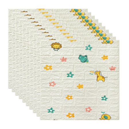 Set 10 Placi Tapet 3D,  70 x 77 cm, Grosime 3 mm, din Polietilena, Tip Caramida, Model Animalute si Floricele, Suprafata acoperita 5.3 mp, Alb
