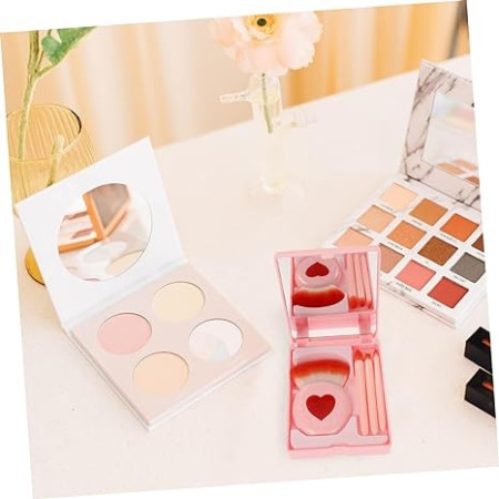 Set 4 Mini Pensule de Machiaj, Cyrax, Portabile, in Carcasa cu Oglinda, din Par Sintetic Moale, Roz, Model cu Inima, 12x7x2.5 cm