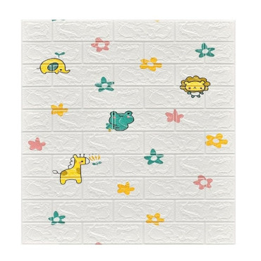 Set 10 Placi Tapet 3D,  70 x 77 cm, Grosime 3 mm, din Polietilena, Tip Caramida, Model Animalute si Floricele, Suprafata acoperita 5.3 mp, Alb