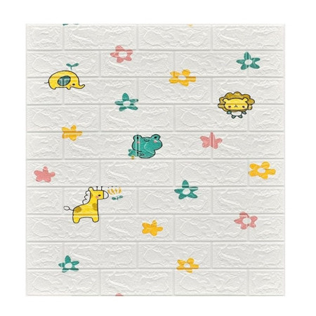 Set 10 Placi Tapet 3D,  70 x 77 cm, Grosime 3 mm, din Polietilena, Tip Caramida, Model Animalute si Floricele, Suprafata acoperita 5.3 mp, Alb