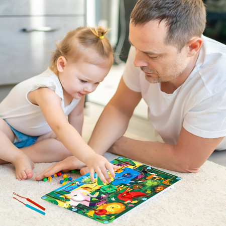 Joc Montessori de Sortare Culori, Cyrax, Creion Magnetic, Tip Labirint Ilustrat, din Lemn, Model Animale Salbatice, 39x29x1.5 cm