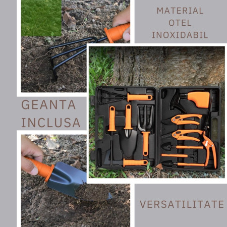 Set 12 accesorii pentru gradinarit  geanta depozitare inclusa, otel inoxidabil, 37 x 27 cm, portocaliu