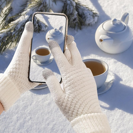 Manusi de Dama,  Functie Touchscreen (ecran tactil), Material Acril Tricotat, Manseta Elastica, Interior Catifelat, Marime Universala, Alb