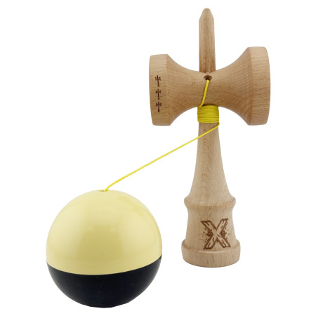 Kendama X Originala, Profesionala, Cyrax, Big Cups V2, Super Sticky cu Cupe Mari, Rulment Metalic, din lemn 18 cm, Ata 55 cm, Galben/Negru