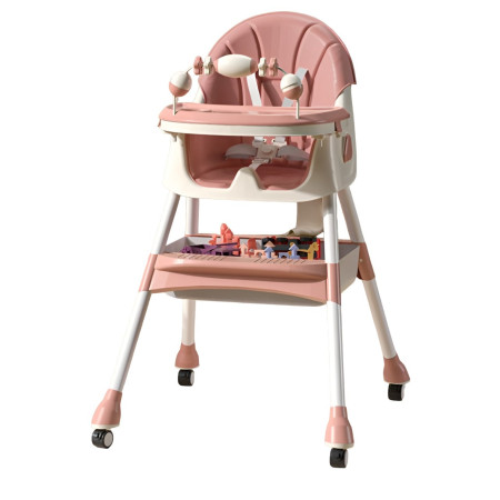 Scaun de Masa pe Roti pentru Copii, Cyrax, 2 Tavite si Husa Detasabile, Multifuncțional, Stabil, Centura de Siguranta, Spatar Reglabil Moale, Balansoar, Cos de Depozitare, de la 6 Luni, Roz