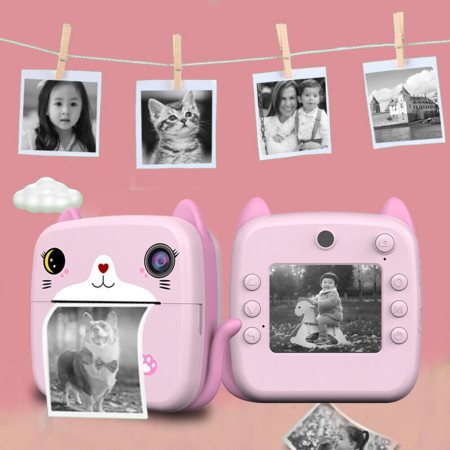 Set Camera Instantanee pentru Copii, Cyrax, Ecran HD 2.4'', 24MP, 720P Video, 1200 mAh, cu Functie de Printare Alb-Negru, cablu USB-C, Bluetooth, Compatibil iOS/Android, Imprimare APP, Model Kitty, Roz
